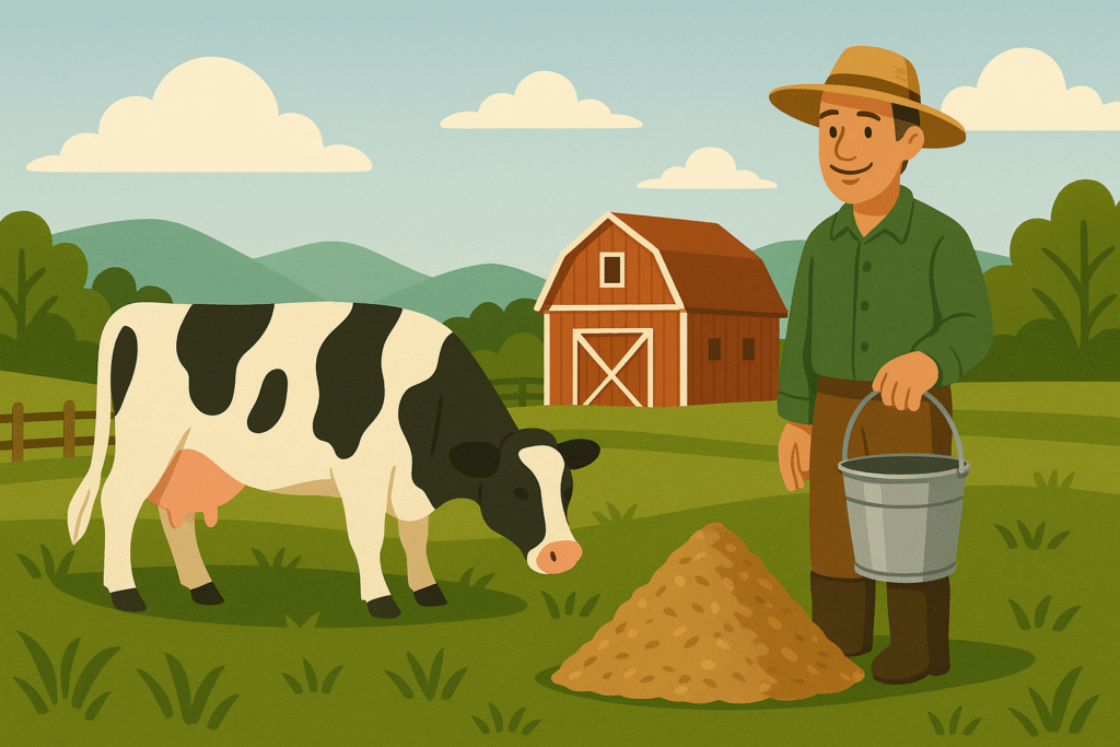 farmer feeding cow palm kernel