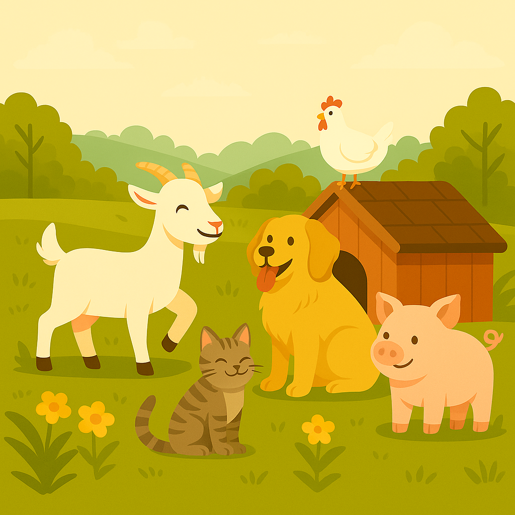 Our Blog - goat, dog, pig, cat and chicken in a friendly farm setting