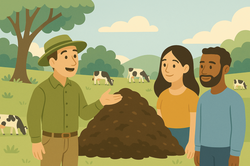 People composting organic waste outdoors near garden and animals
