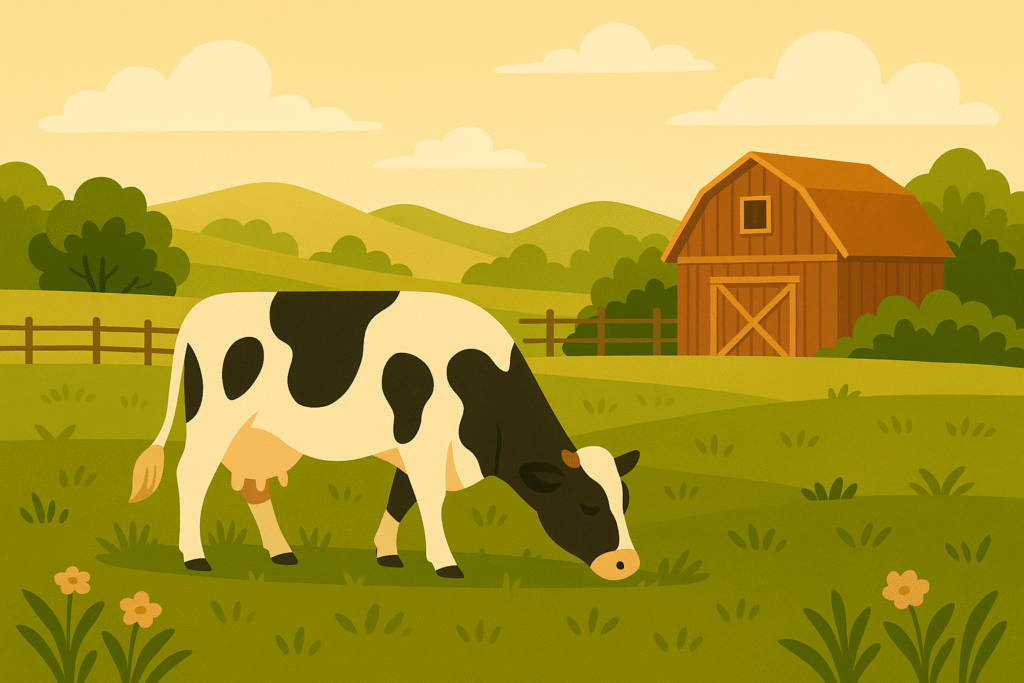 Cow grazing on healthy pasture as part of a grass-fed dairy farming system