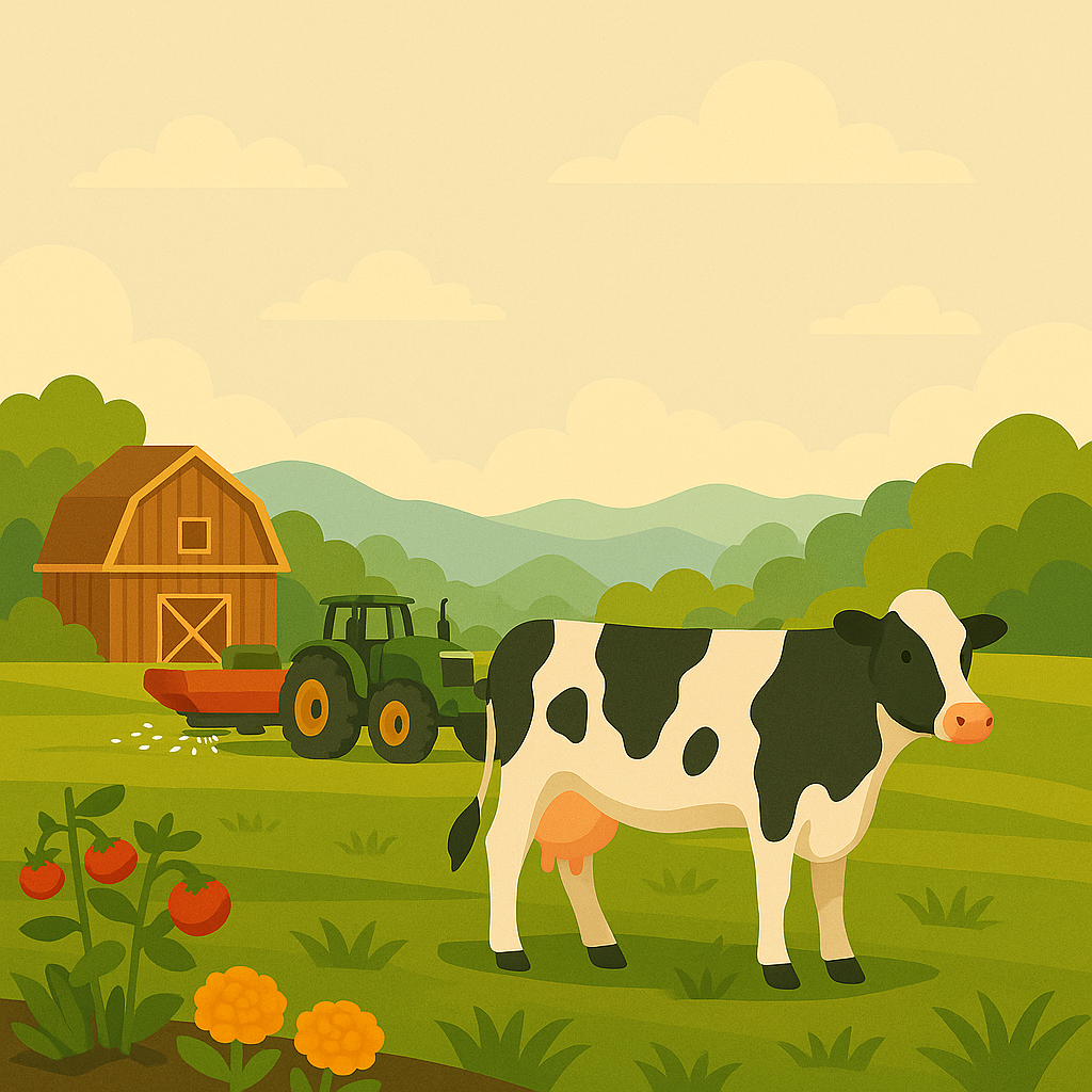Our blog - simple farming image with cow, barn and tractor