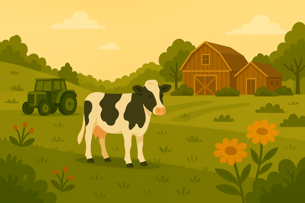 pasture-raised cow standing in sunny pasture