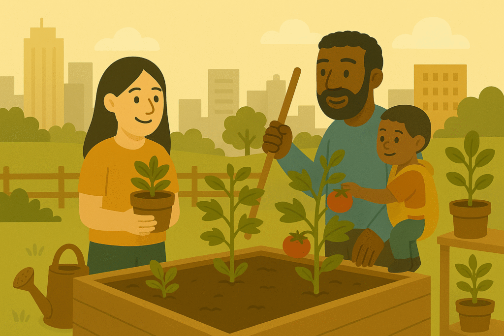 In the image a family is working on their organic gardening boxes