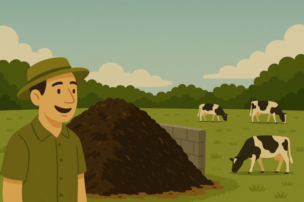 farmer with compost pile and cows