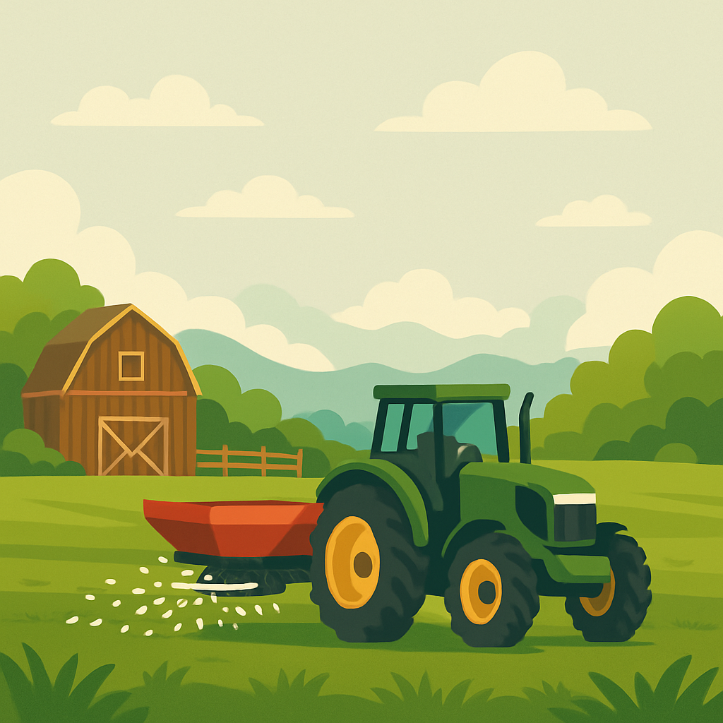 Green tractor and pasture used for boosting milk production with fertilizer