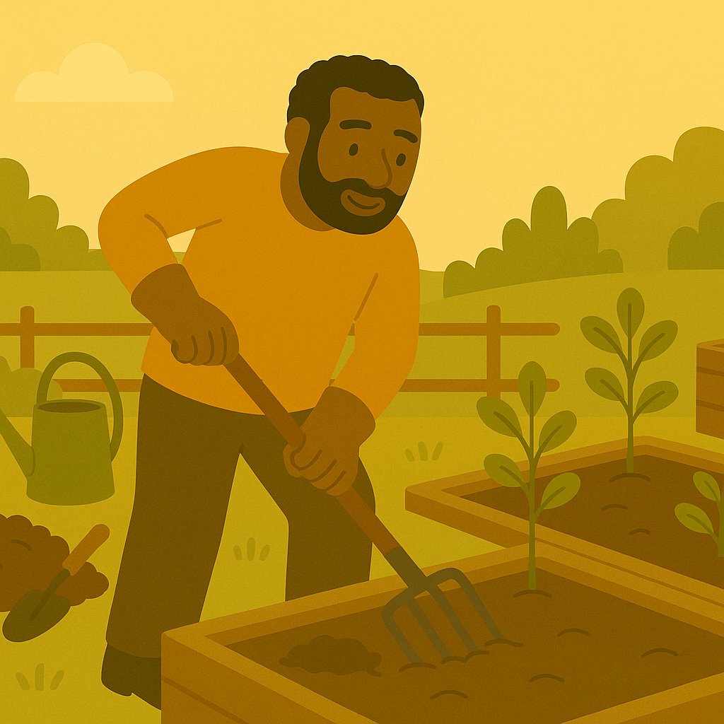 In the image a man prepares vegetable garden for spring