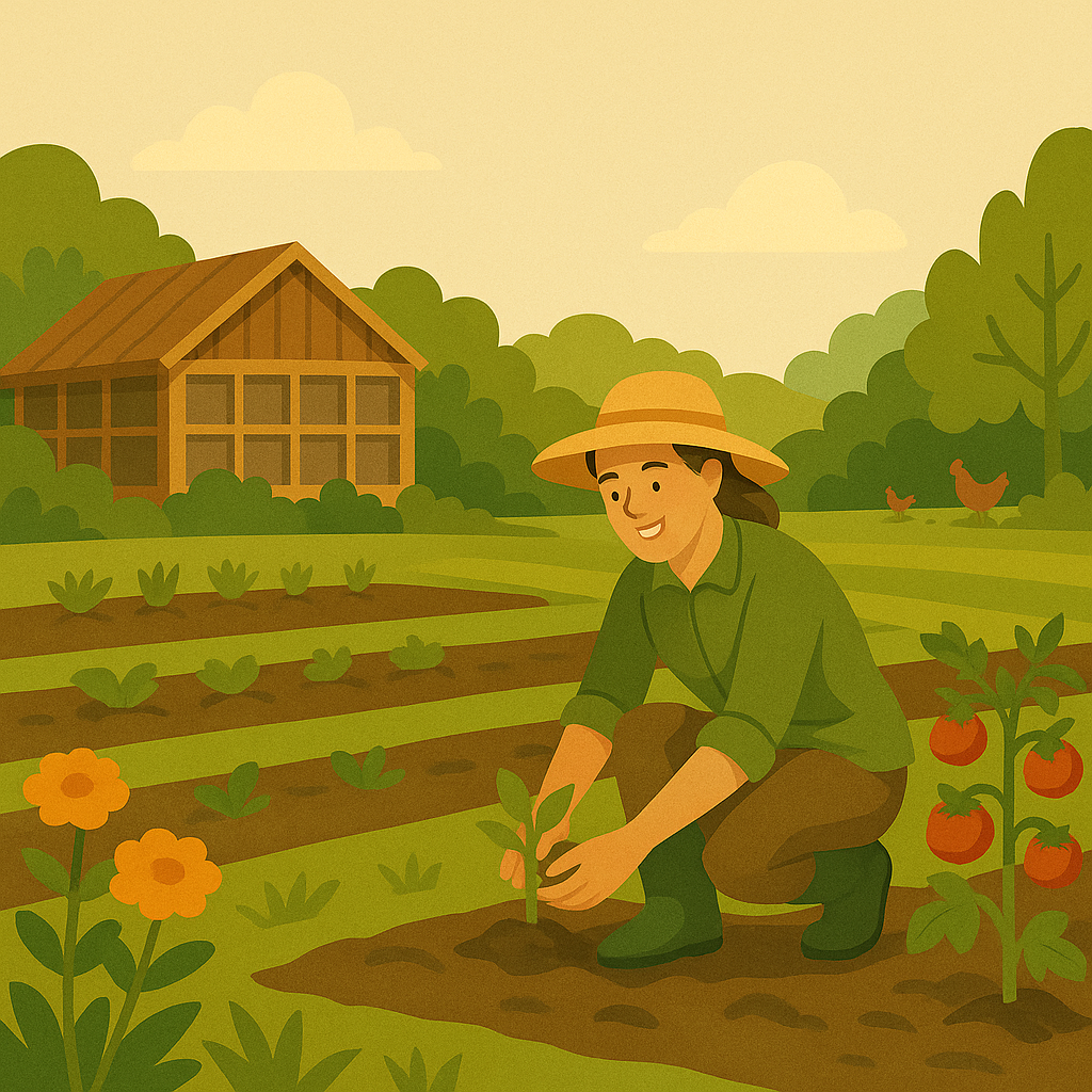 Our blog - gardener working in vegetable patch with flowers and trees