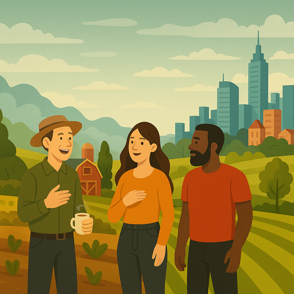 Illustration for sustainable Farming Blog home page, where city curiosity meets rural know-how, all explained in everyday language