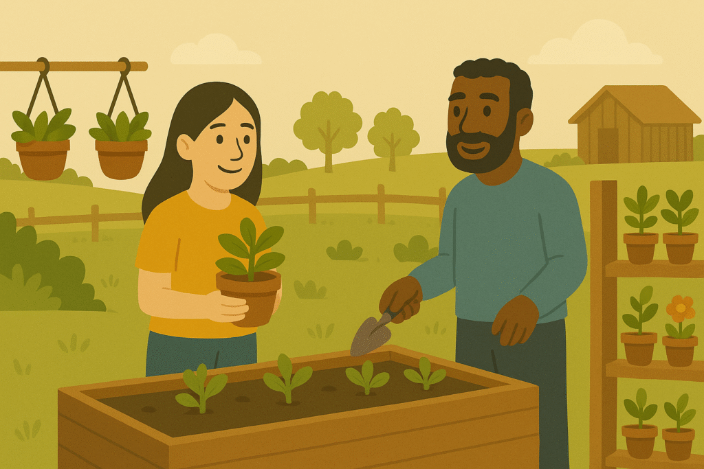 image of couple planting plants as part of a rural gardening community
