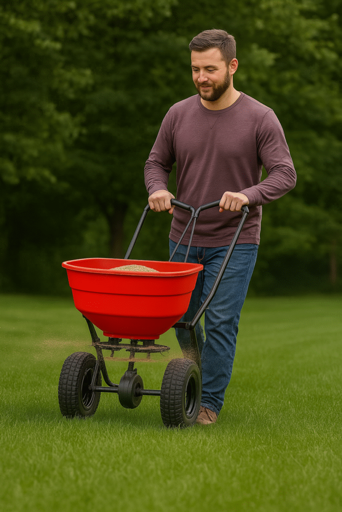 man using a double rotor walk behind spreader