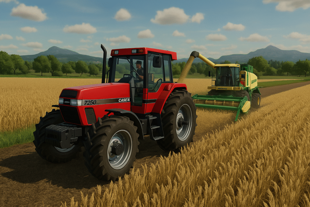 farming simulator review, harvesting wheat with a combine harvester